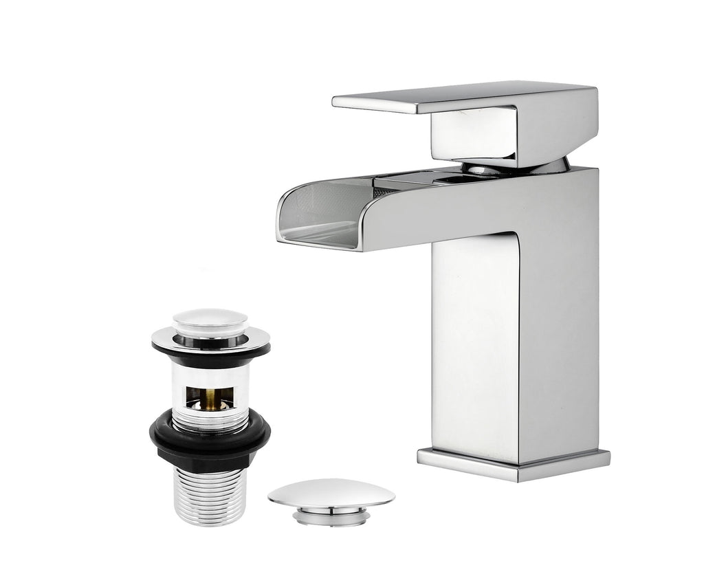 Waterfall Basin Taps Square Chrome Brass Bathroom Sink Taps for Basin Mixer Taps & Waste Faucet