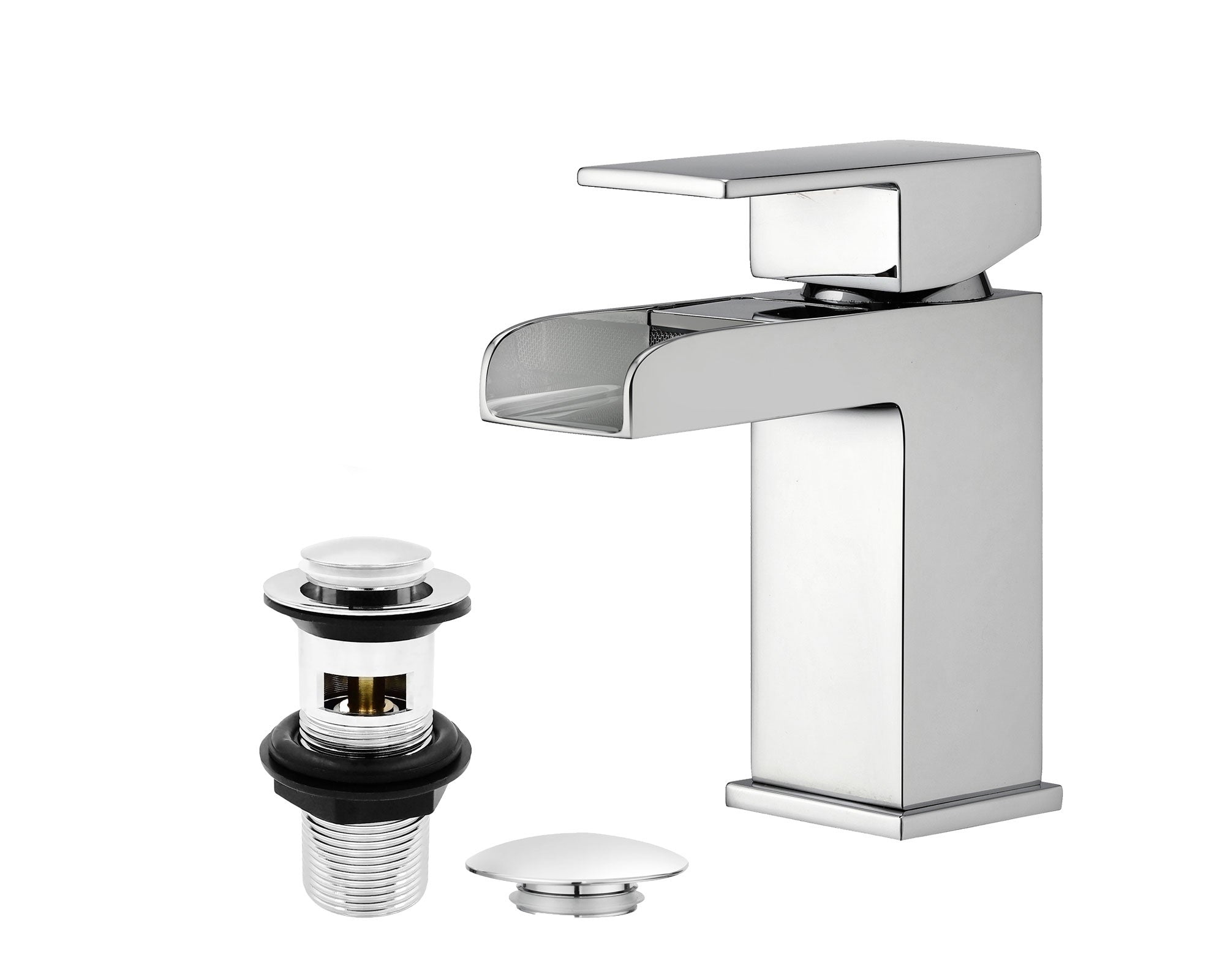 Waterfall Basin Taps Square Chrome Brass Bathroom Sink Taps for Basin Mixer Taps & Waste Faucet