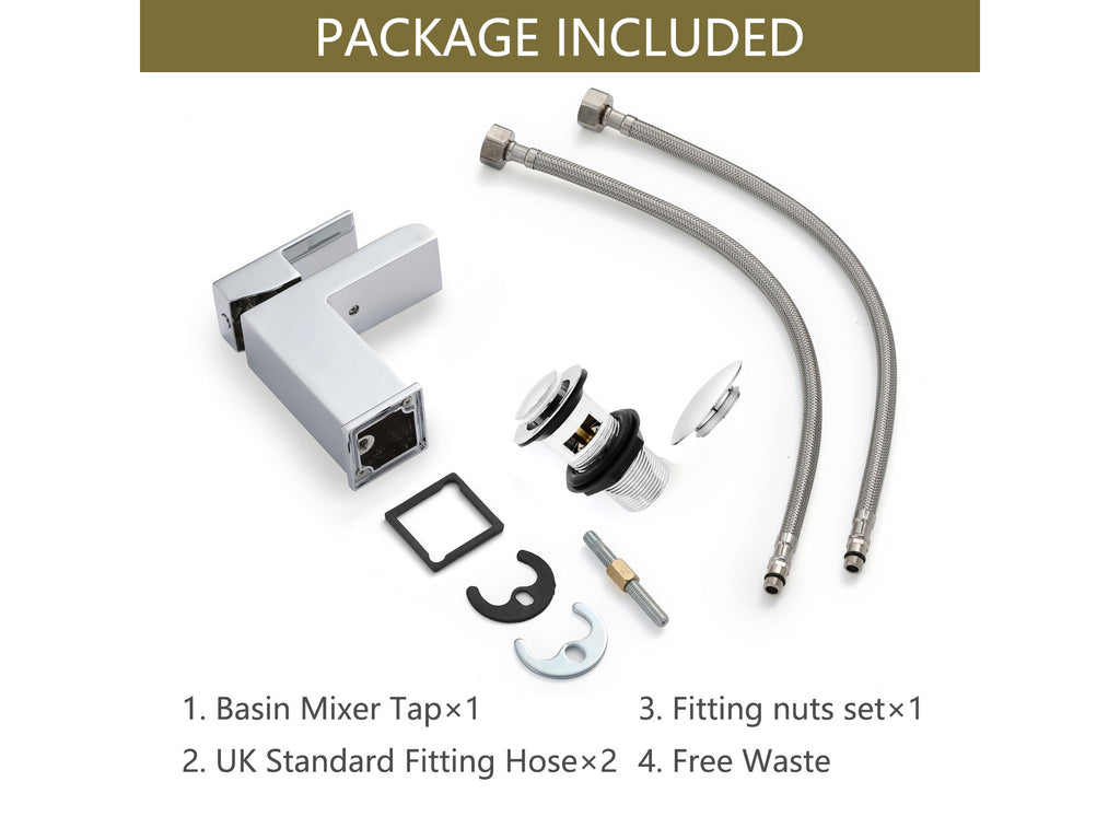 Waterfall Basin Taps Square Chrome Brass Bathroom Sink Taps for Basin Mixer Taps & Waste Faucet