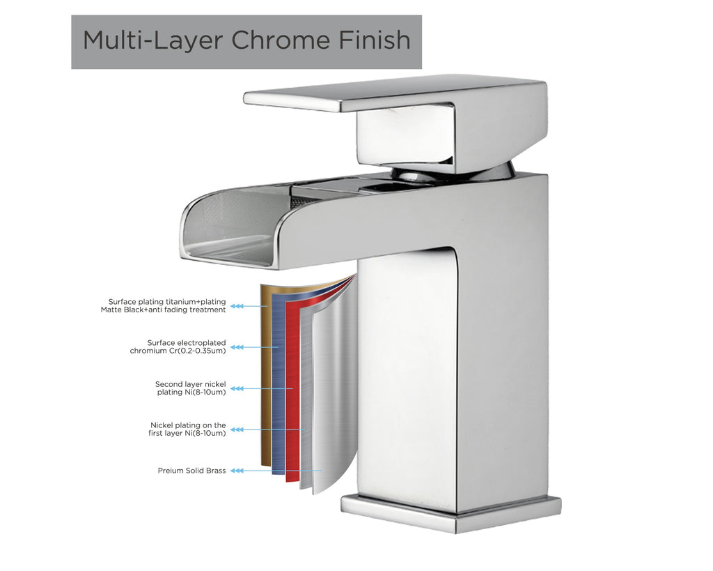 Waterfall Basin Taps Square Chrome Brass Bathroom Sink Taps for Basin Mixer Taps & Waste Faucet