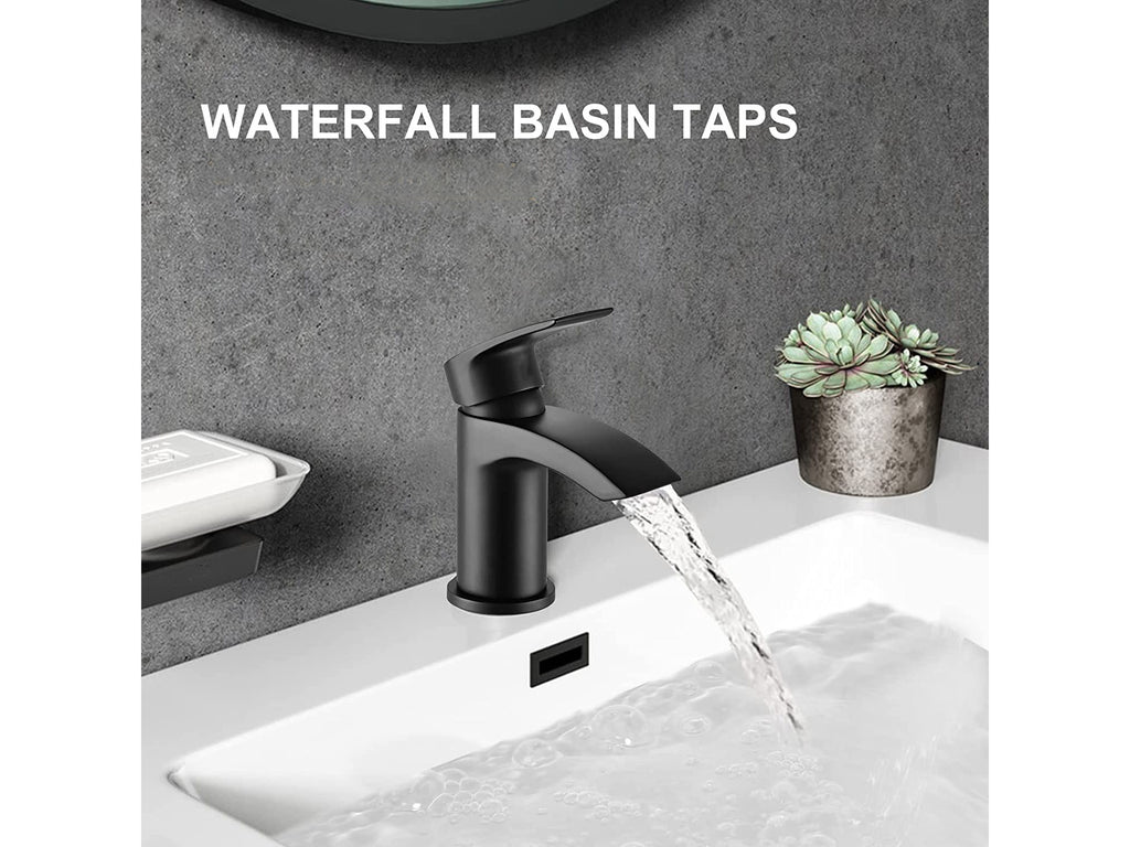 Black Waterfall Basin Mixer Taps with Drain Monobloc Chromed Brass Basin Taps with Sink Plug