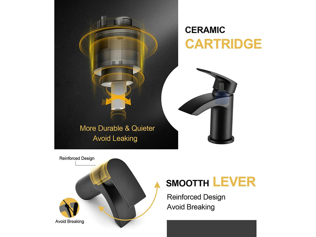 Black Waterfall Basin Mixer Taps with Drain Monobloc Chromed Brass Basin Taps with Sink Plug