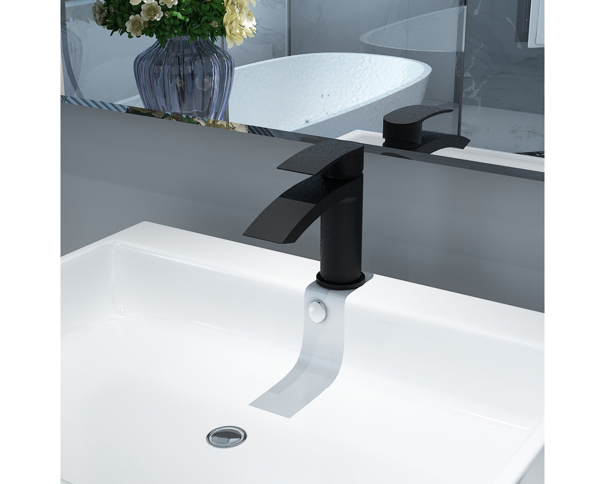 Black Waterfall Basin Mixer Taps with Drain Monobloc Chromed Brass Basin Taps with Sink Plug