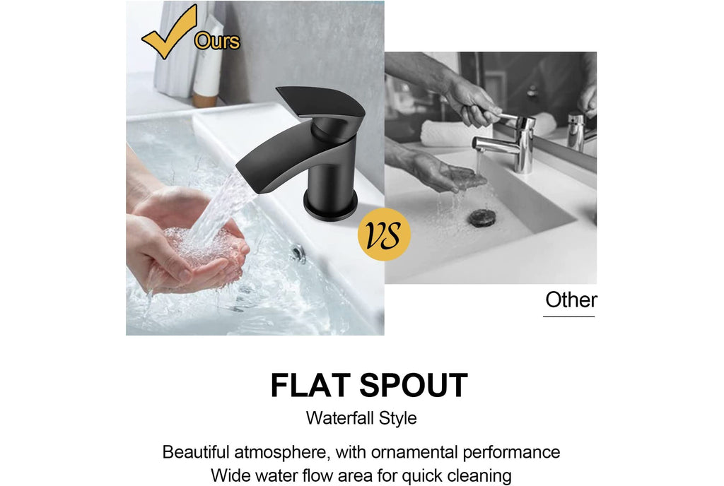 Black Waterfall Basin Mixer Taps with Drain Monobloc Chromed Brass Basin Taps with Sink Plug