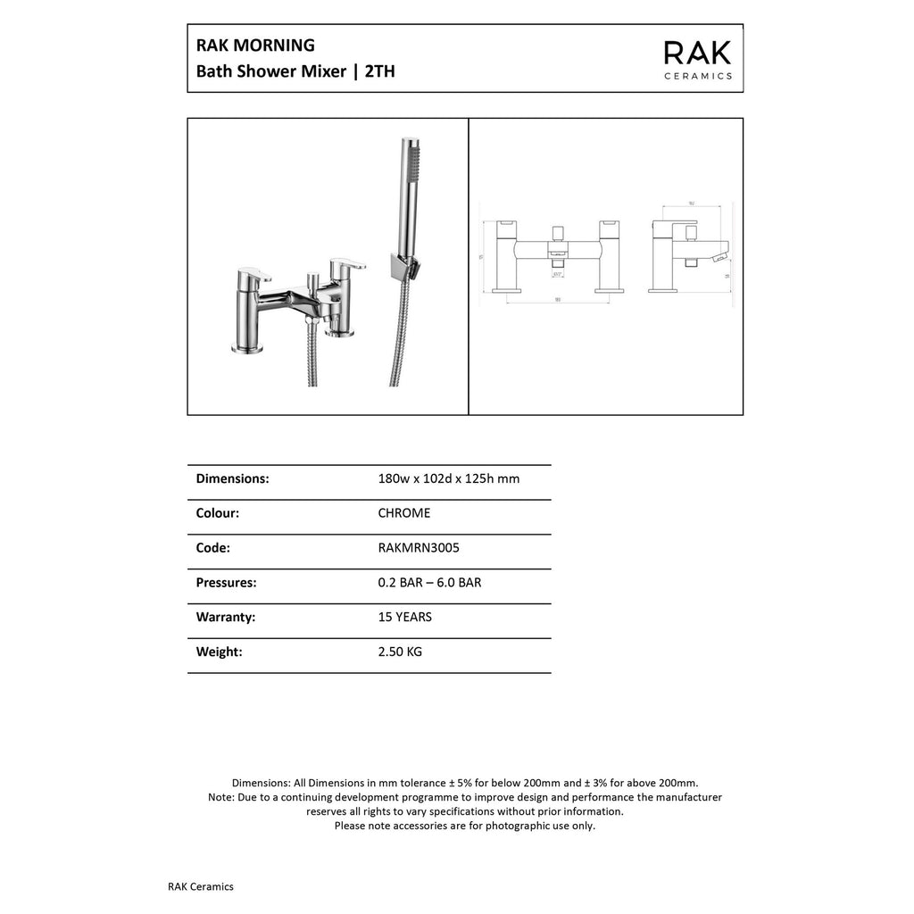 RAK Morning Modern Bath Shower Mixer Tap with Handset in Polished Chrome Solid Brass with 15-Year Guarantee