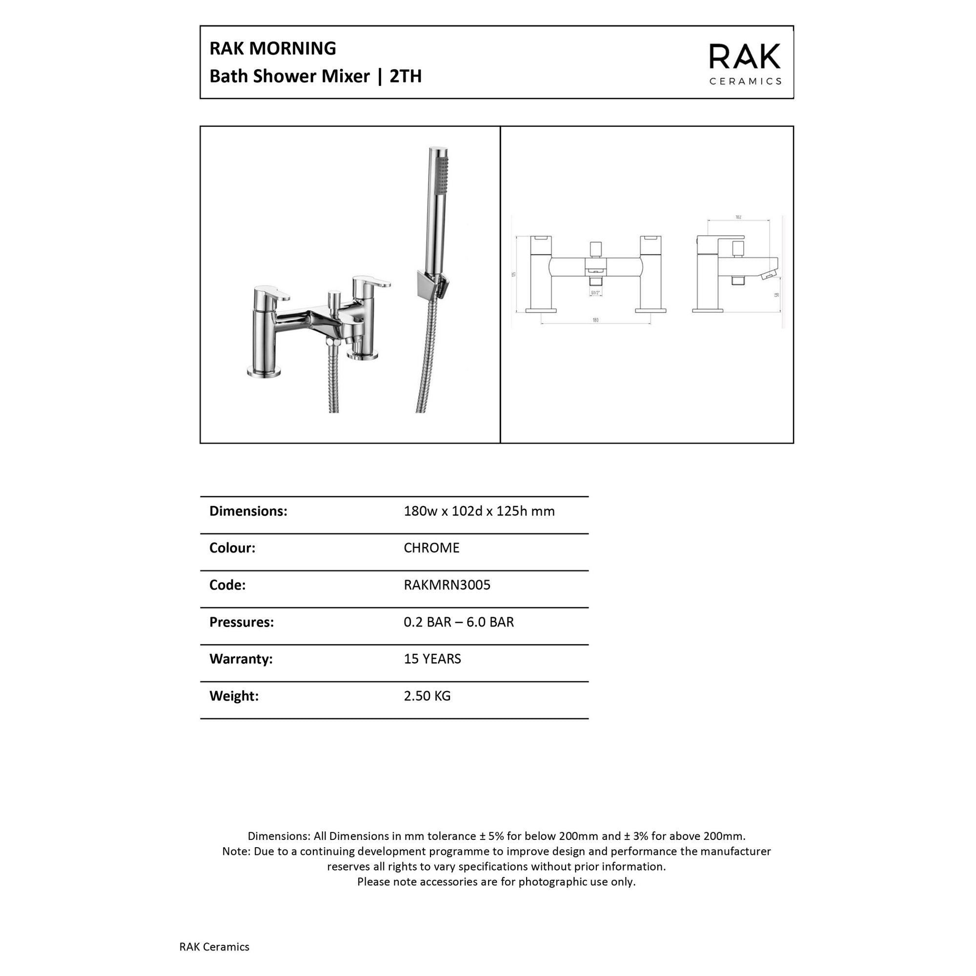 RAK Morning Modern Bath Shower Mixer Tap with Handset in Polished Chrome Solid Brass with 15-Year Guarantee