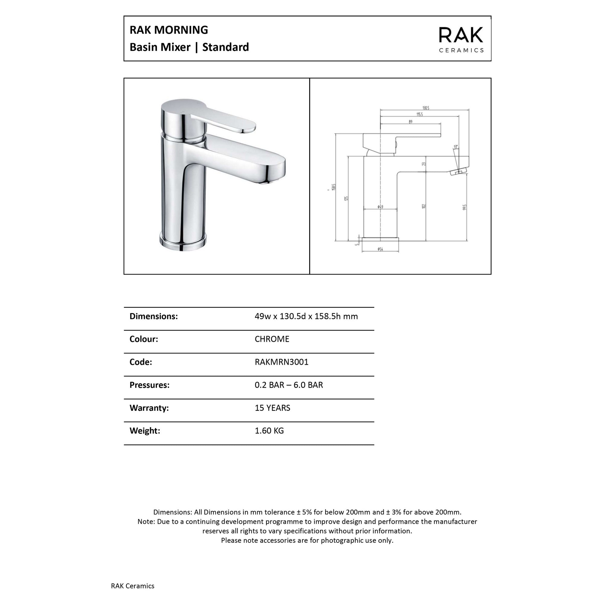 RAK Morning Polished Chrome Basin Mixer Tap - Modern Single Lever, Solid Brass, WRAS Approved