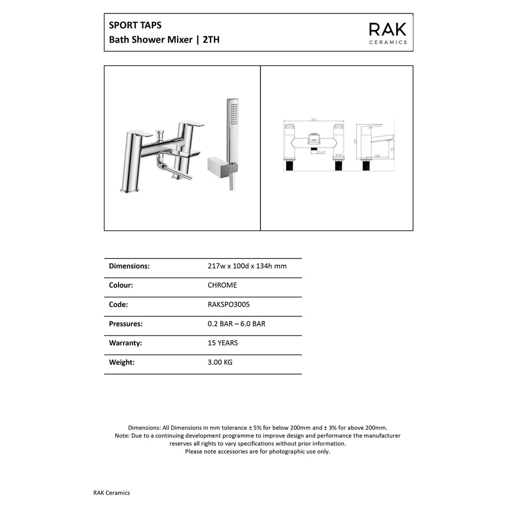 RAK Sport Modern Deck-Mounted Bath Shower Mixer Tap with Handset - Polished Chrome, Solid Brass