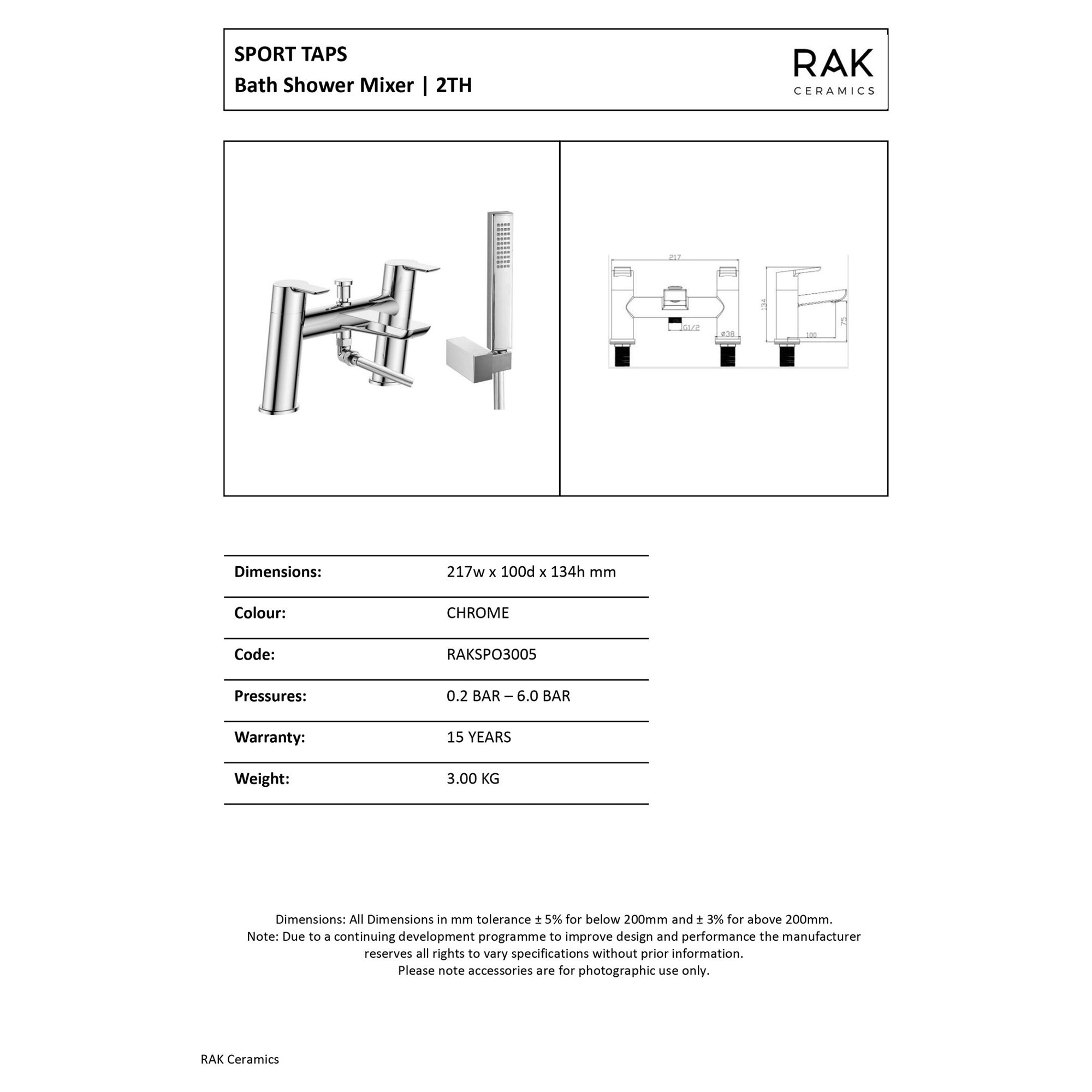 RAK Sport Modern Deck-Mounted Bath Shower Mixer Tap with Handset - Polished Chrome, Solid Brass