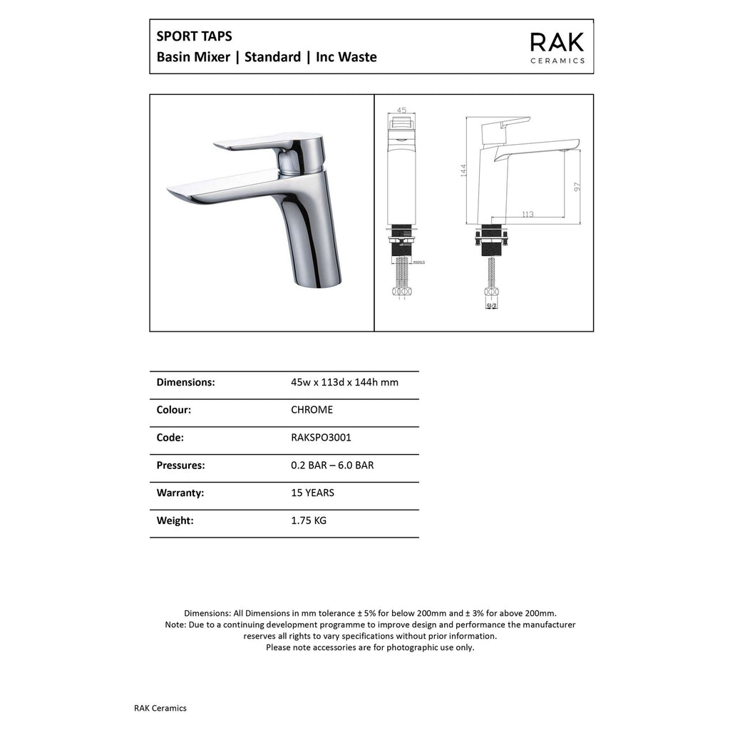 RAK Sport Modern Basin Mixer Tap - Polished Chrome, Solid Brass, 15-Year Guarantee