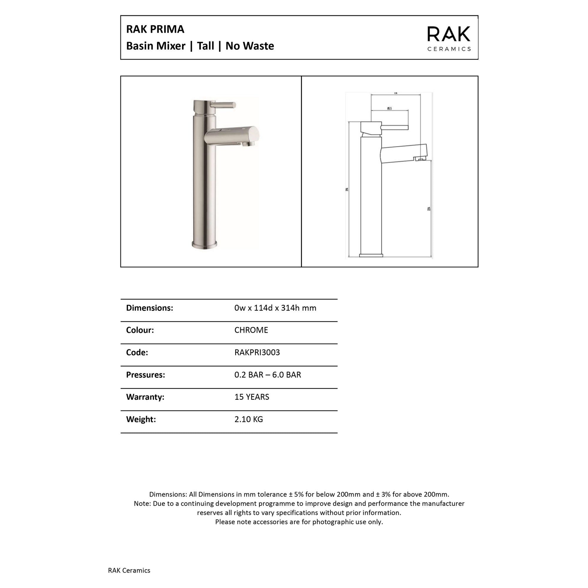 RAK Prima Tall Polished Chrome Modern Basin Mixer Tap - Solid Brass Construction