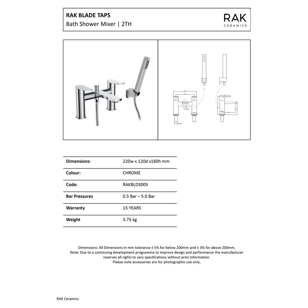 RAK Blade Modern Polished Chrome Deck-Mounted Bath Shower Mixer Tap with Handset, Solid Brass, 15-Year Guarantee