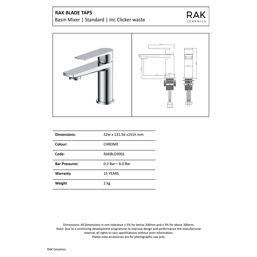 RAK Blade Modern Basin Mixer Tap with Polished Chrome Finish & Solid Brass, WRAS Approved