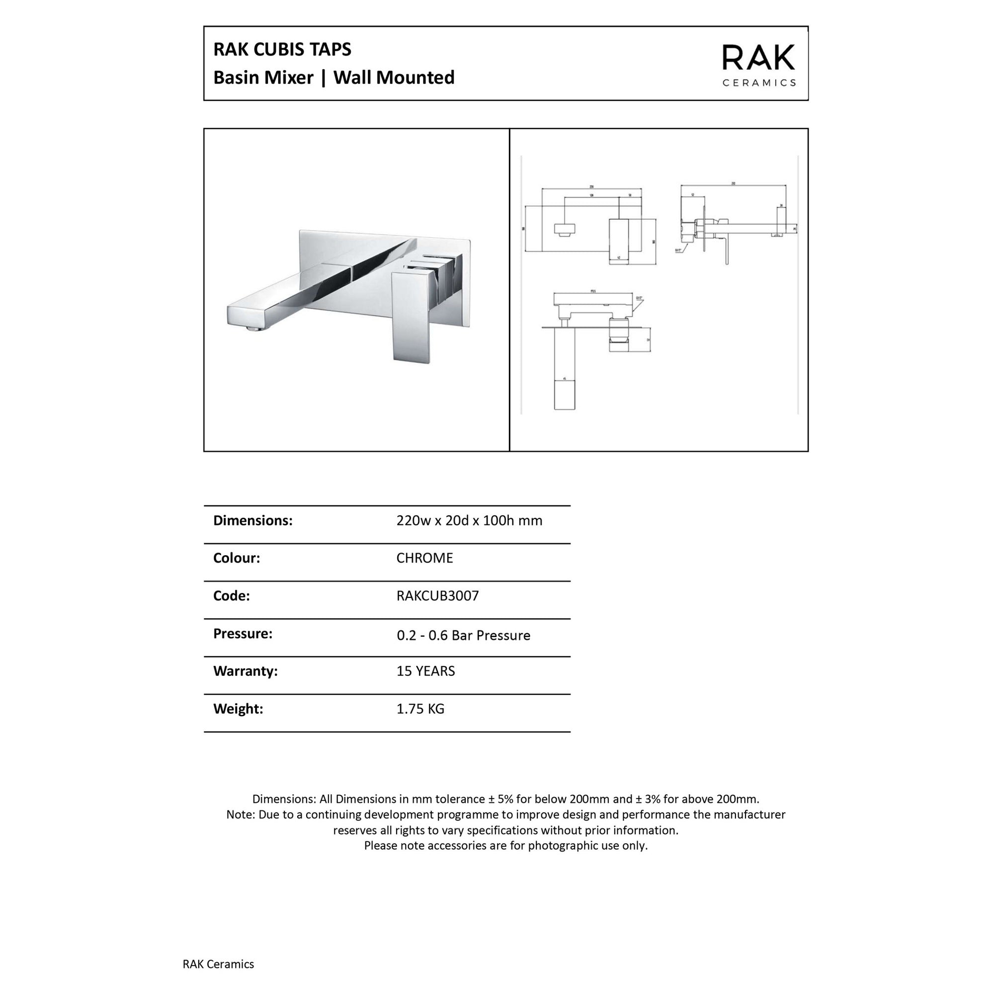 RAK Cubis Polished Chrome Wall Mounted Basin Mixer Tap - Modern Solid Brass Design