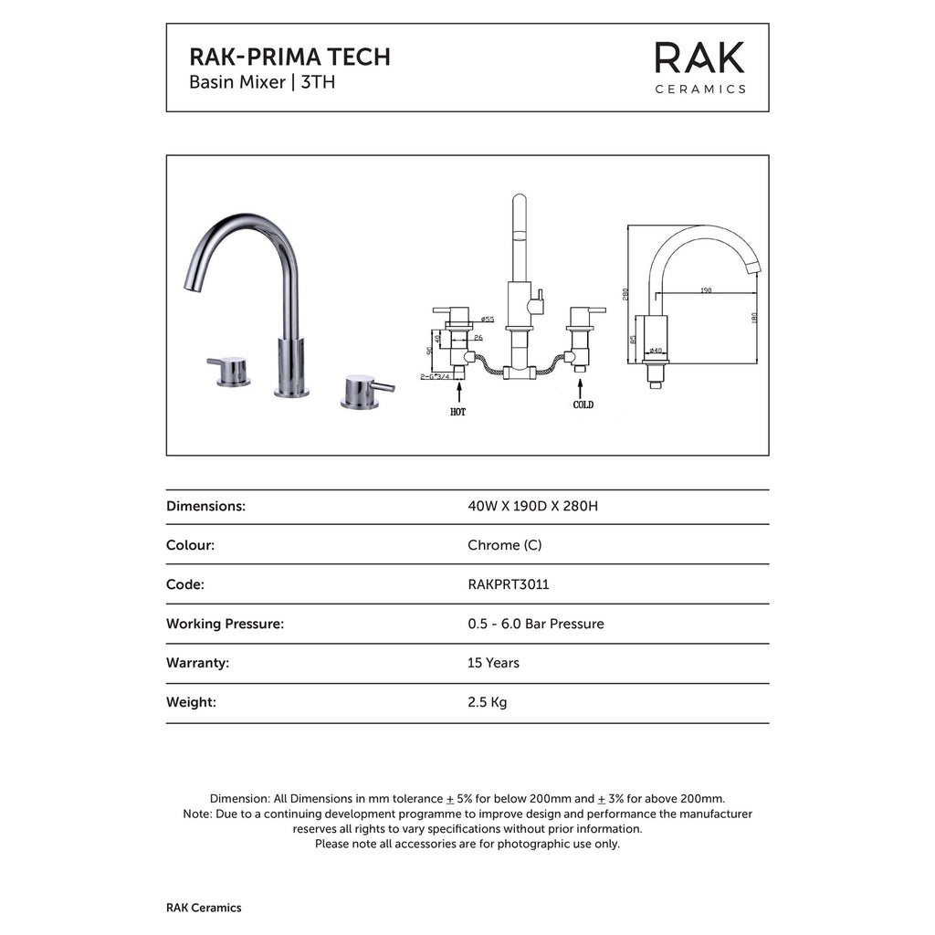 RAK Prima Tech Polished Chrome 3-Hole Basin Mixer Tap - Modern Solid Brass for UK DIY