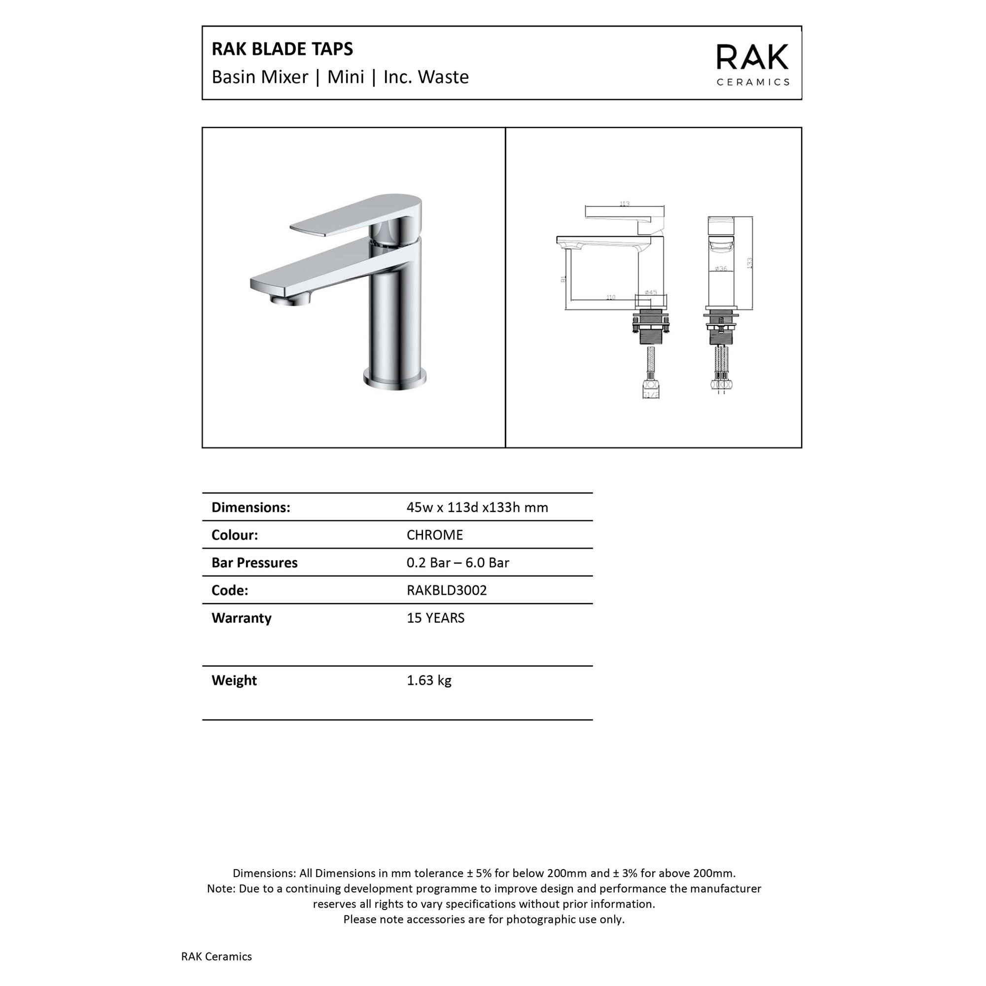 RAK Blade Mini Mono Basin Mixer Tap - Polished Chrome, Solid Brass, Modern Design, Inc. Waste & Hoses