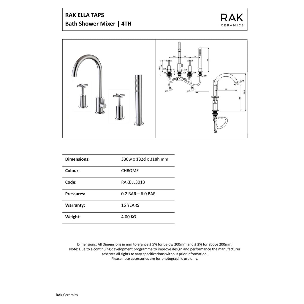 RAK Ella Modern 4-Hole Deck Mounted Bath Shower Mixer Tap in Polished Chrome (Solid Brass)