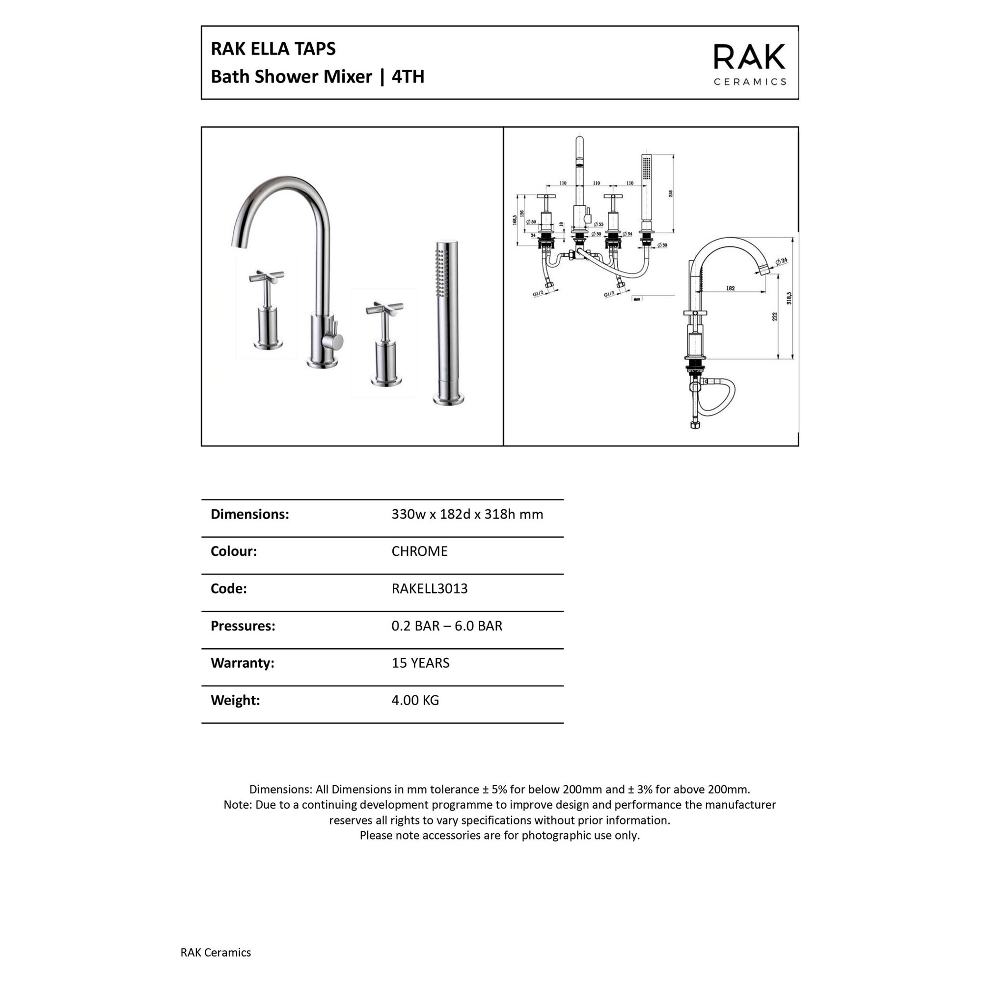 RAK Ella Modern 4-Hole Deck Mounted Bath Shower Mixer Tap in Polished Chrome (Solid Brass)