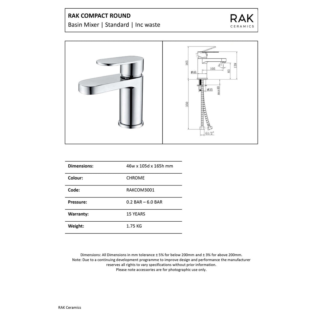 RAK Compact Black Chrome Basin Mixer Tap with Waste - Solid Brass Modern Design