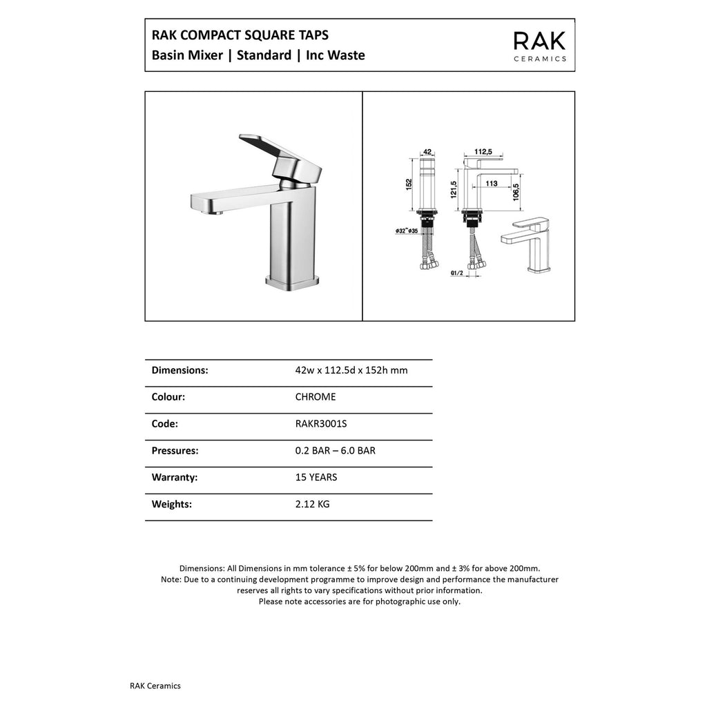 RAK Compact Modern Black Chrome Basin Mixer Tap, Square Design, Solid Brass Construction