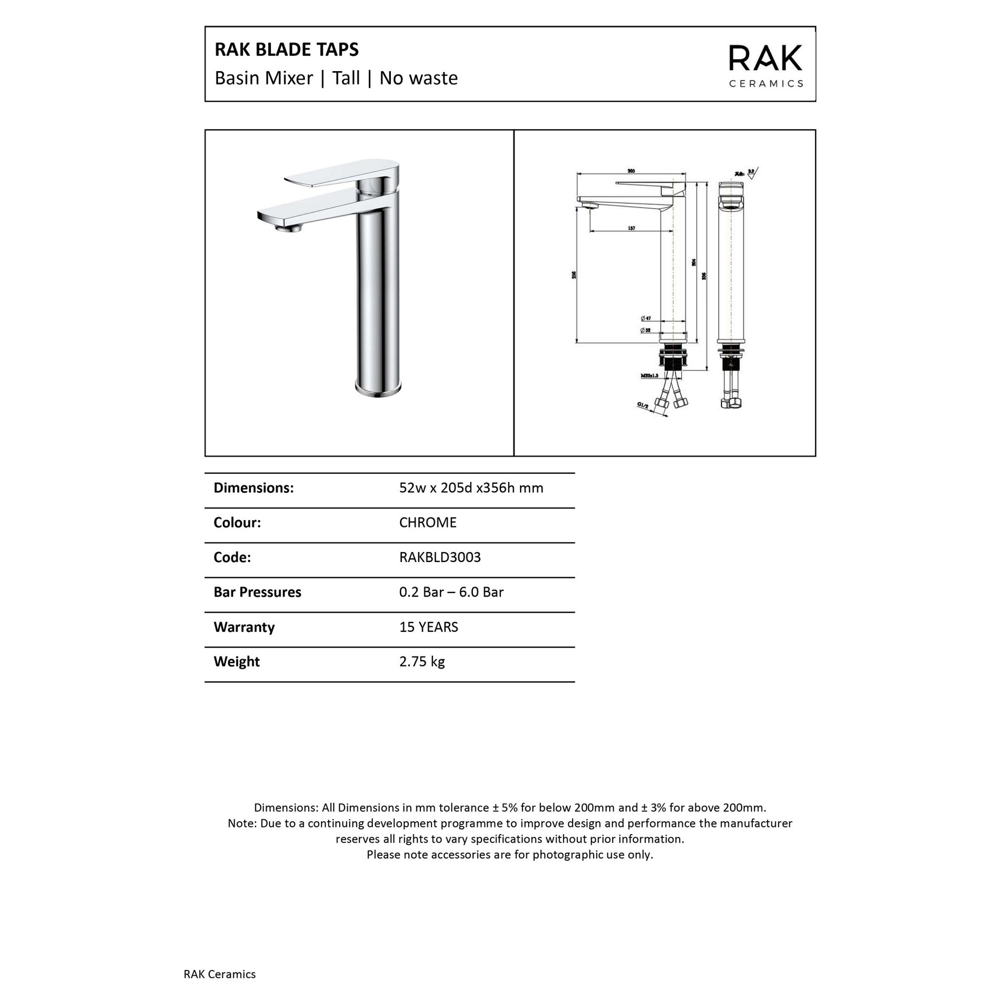 RAK Blade Tall Basin Mono Mixer Tap, Polished Chrome Finish, Solid Brass, 15-Year Guarantee