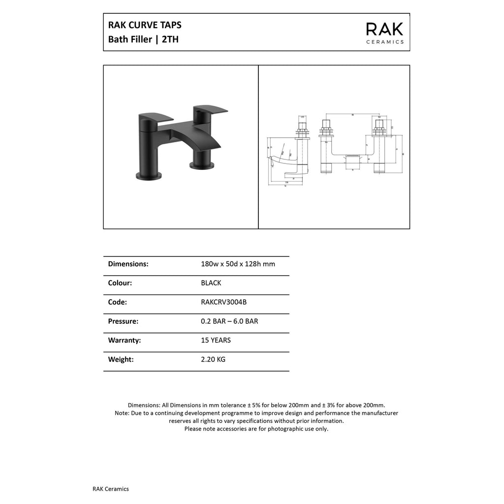 RAK Curve Matt Black Modern Bath Filler Mixer Tap for 2-Hole Designs with Durable Solid Brass Construction