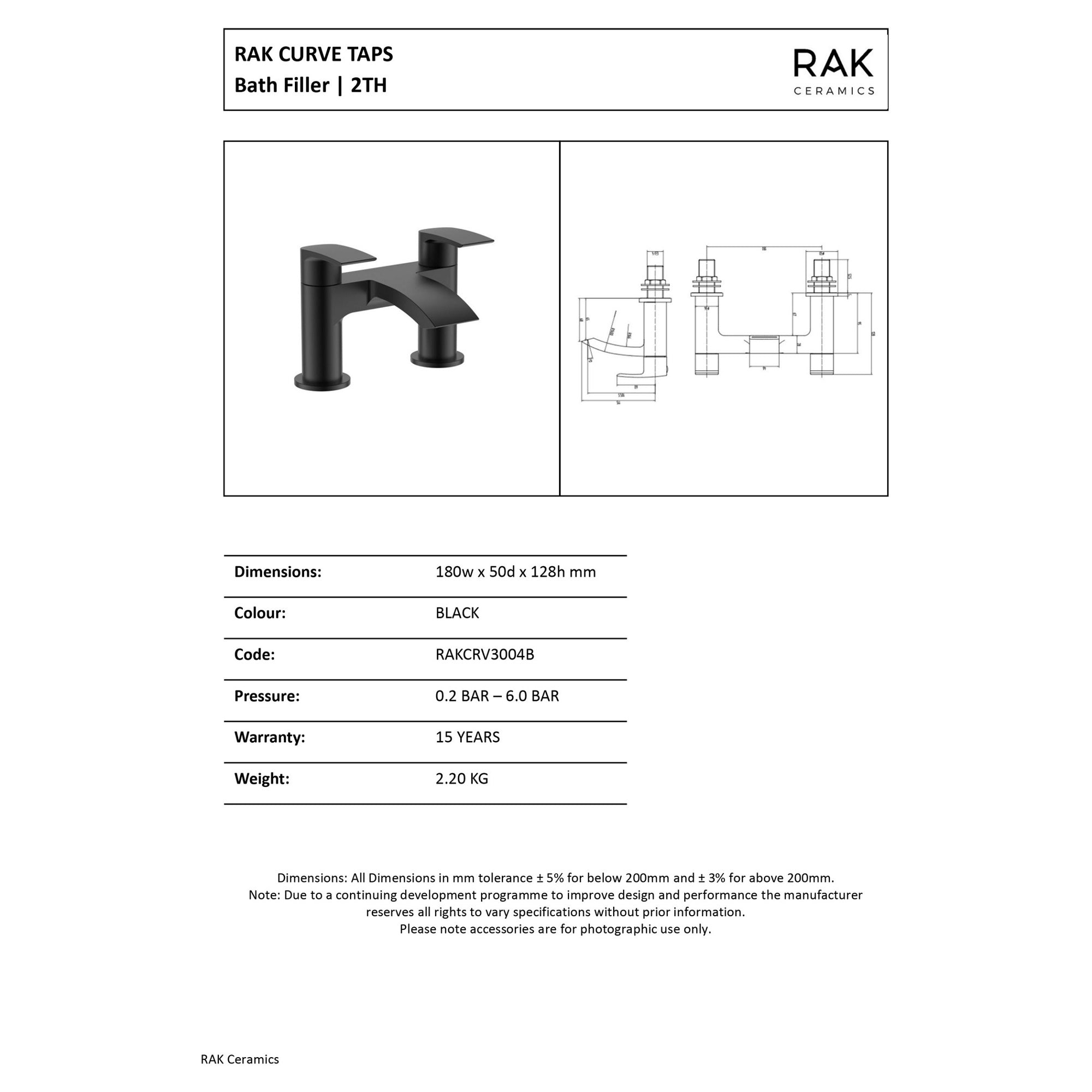 RAK Curve Matt Black Modern Bath Filler Mixer Tap for 2-Hole Designs with Durable Solid Brass Construction
