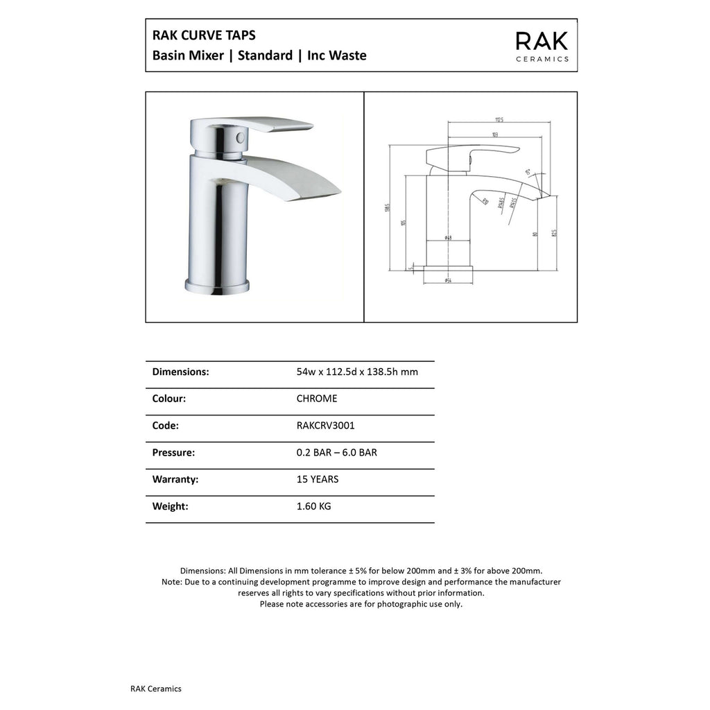 RAK Curve Matt Black Modern Basin Mixer Tap with Waste - Solid Brass
