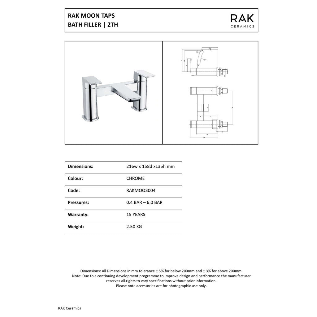 RAK Moon Polished Chrome Modern 2-Hole Bath Filler Mixer Tap - Solid Brass