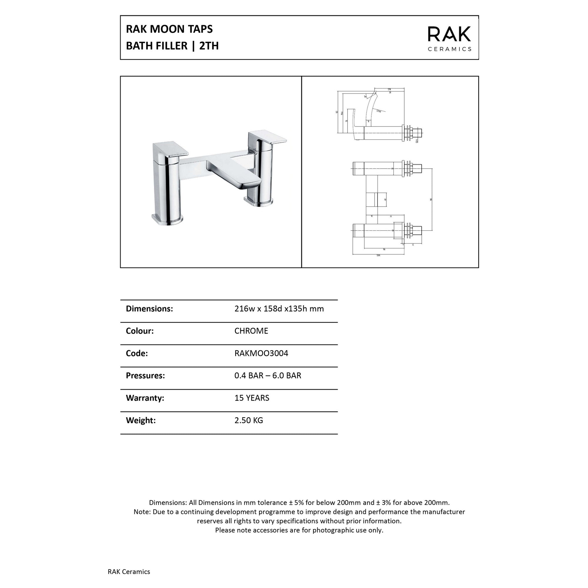 RAK Moon Polished Chrome Modern 2-Hole Bath Filler Mixer Tap - Solid Brass