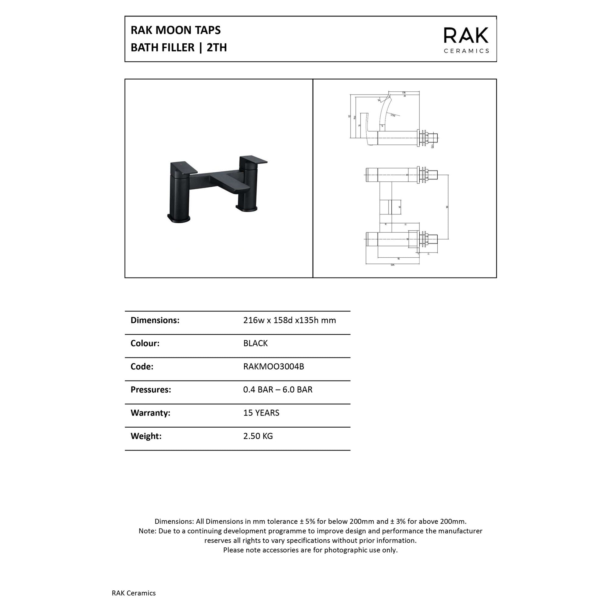 RAK Moon Matt Black Modern Bath Filler Mixer Tap - Solid Brass 2-Hole Deck Mounted