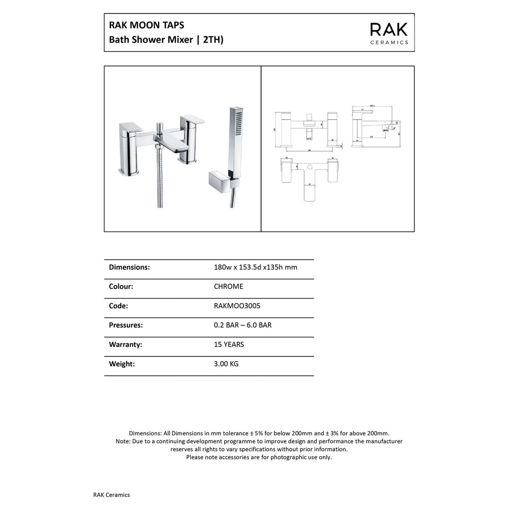 RAK Moon Polished Chrome Deck Mounted Bath Shower Mixer Tap with Handset (2 Tap Hole)