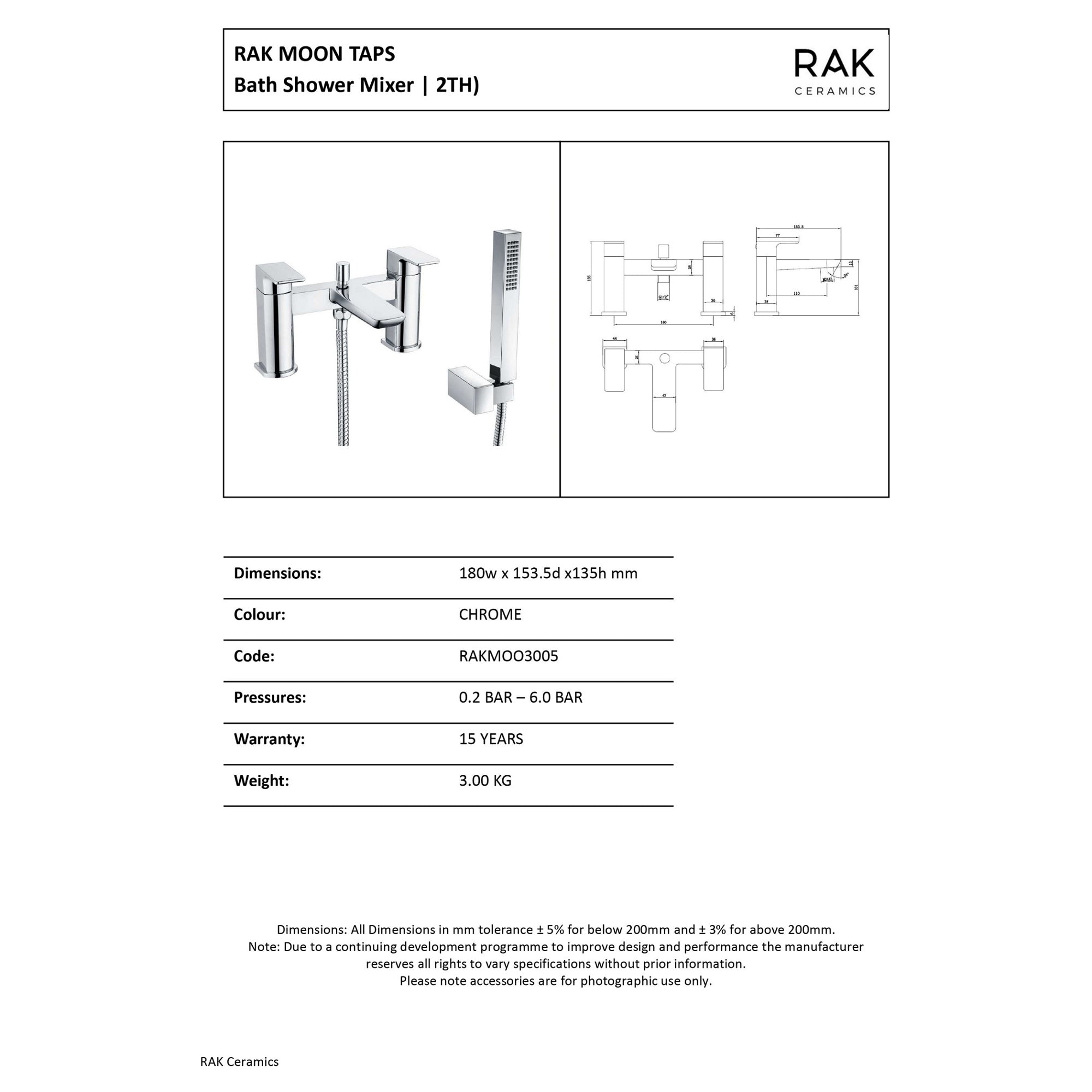 RAK Moon Polished Chrome Deck Mounted Bath Shower Mixer Tap with Handset (2 Tap Hole)
