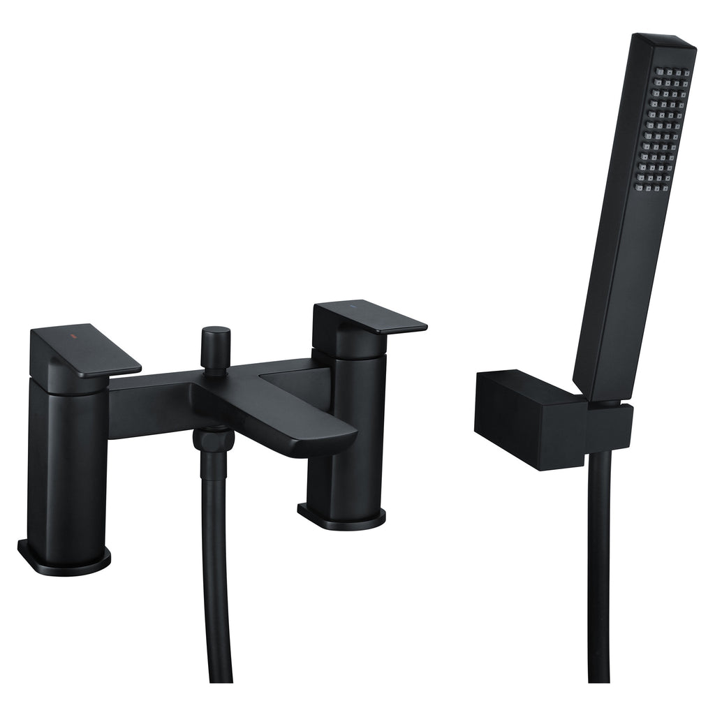 RAK Moon Matt Black Deck-Mounted Bath Shower Mixer Tap with Handset - Solid Brass, 15-Year Guarantee