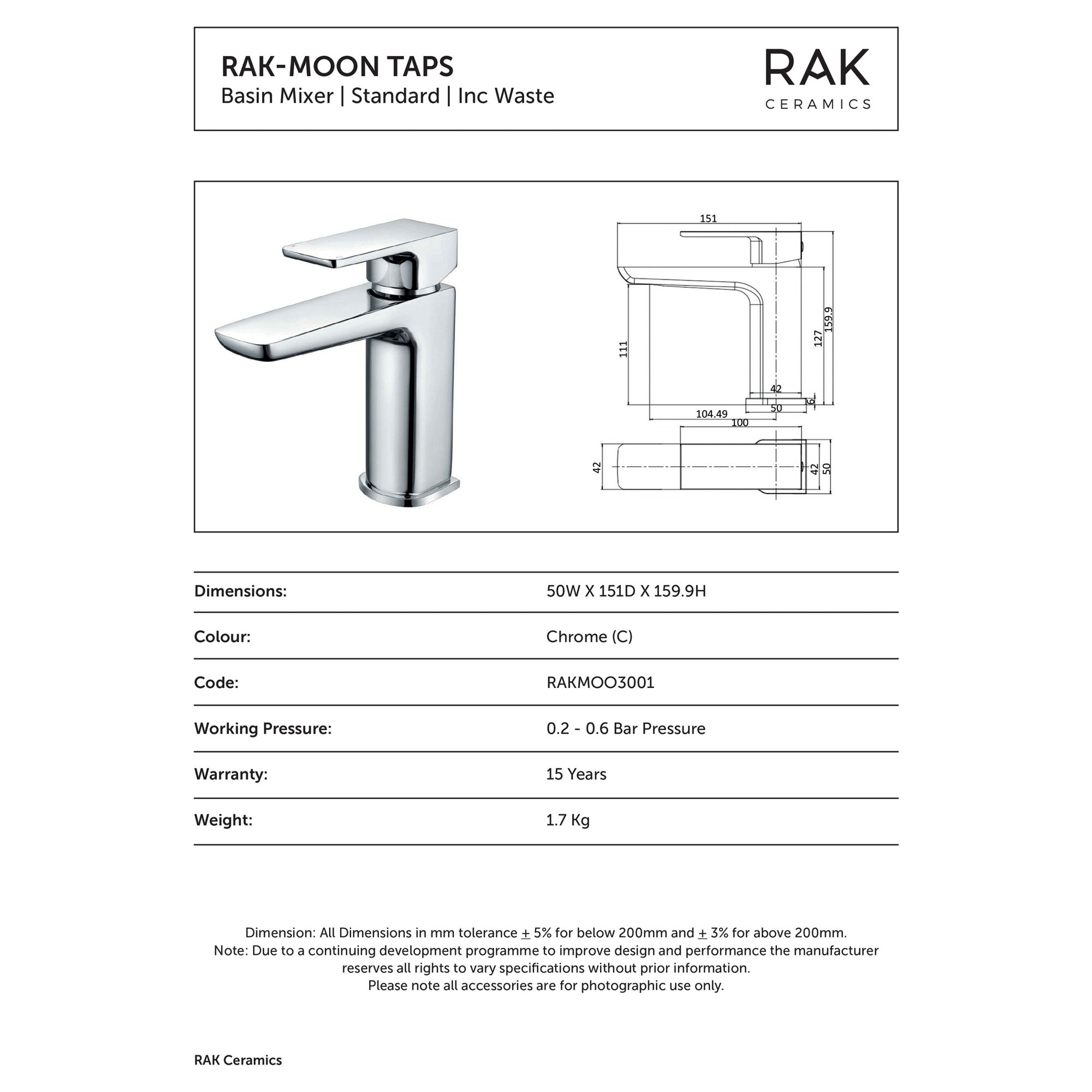 RAK Moon Matt Black Basin Mixer Tap with Waste - Solid Brass, 15-Year Guarantee