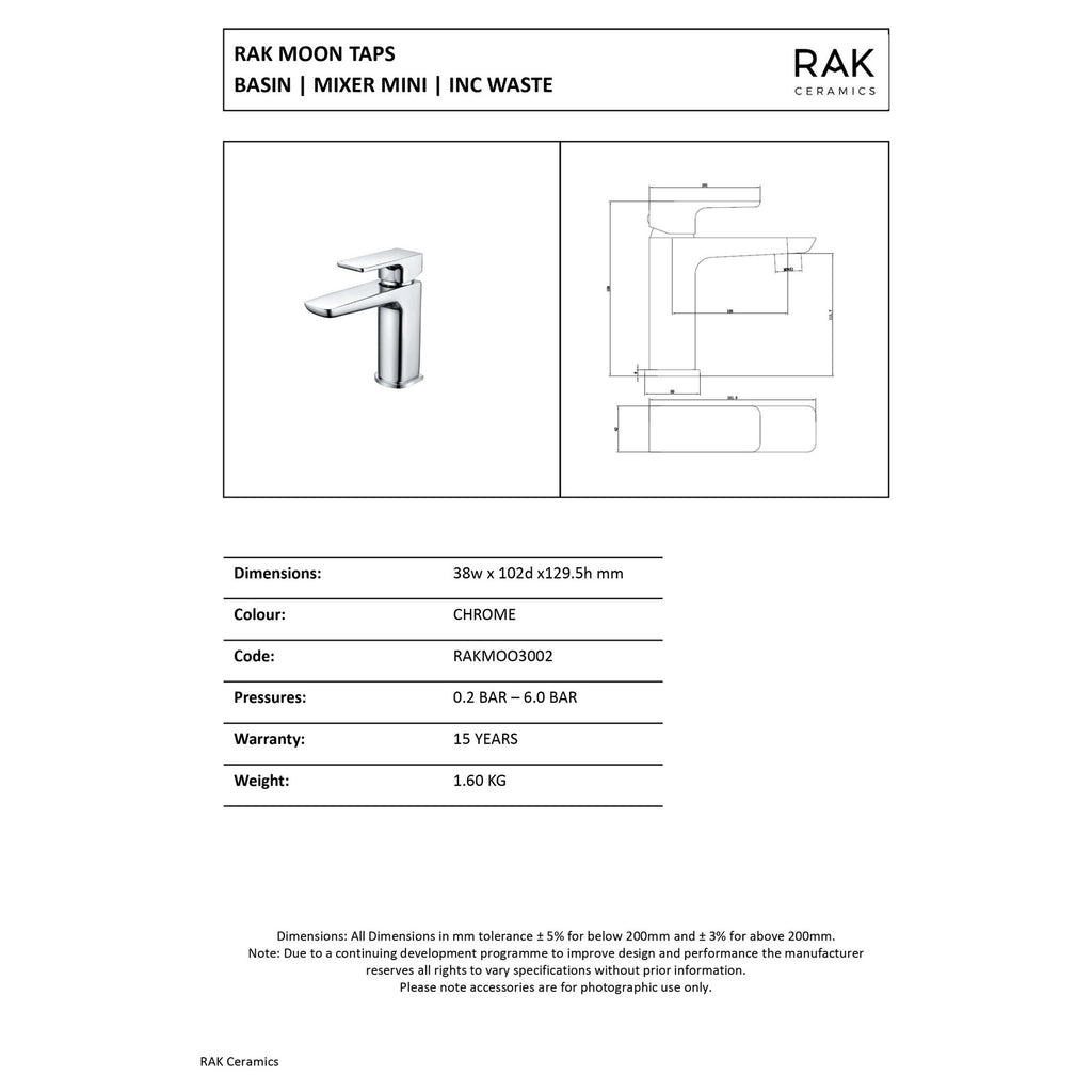 RAK Moon Modern Polished Chrome Basin Mixer Tap for Cloakrooms & Bathrooms, Solid Brass & Waste Included