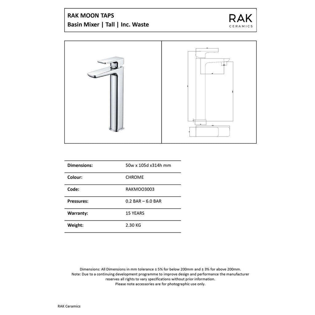 RAK Moon Tall Polished Chrome Modern Basin Mixer Tap with Waste, Solid Brass, WRAS Approved