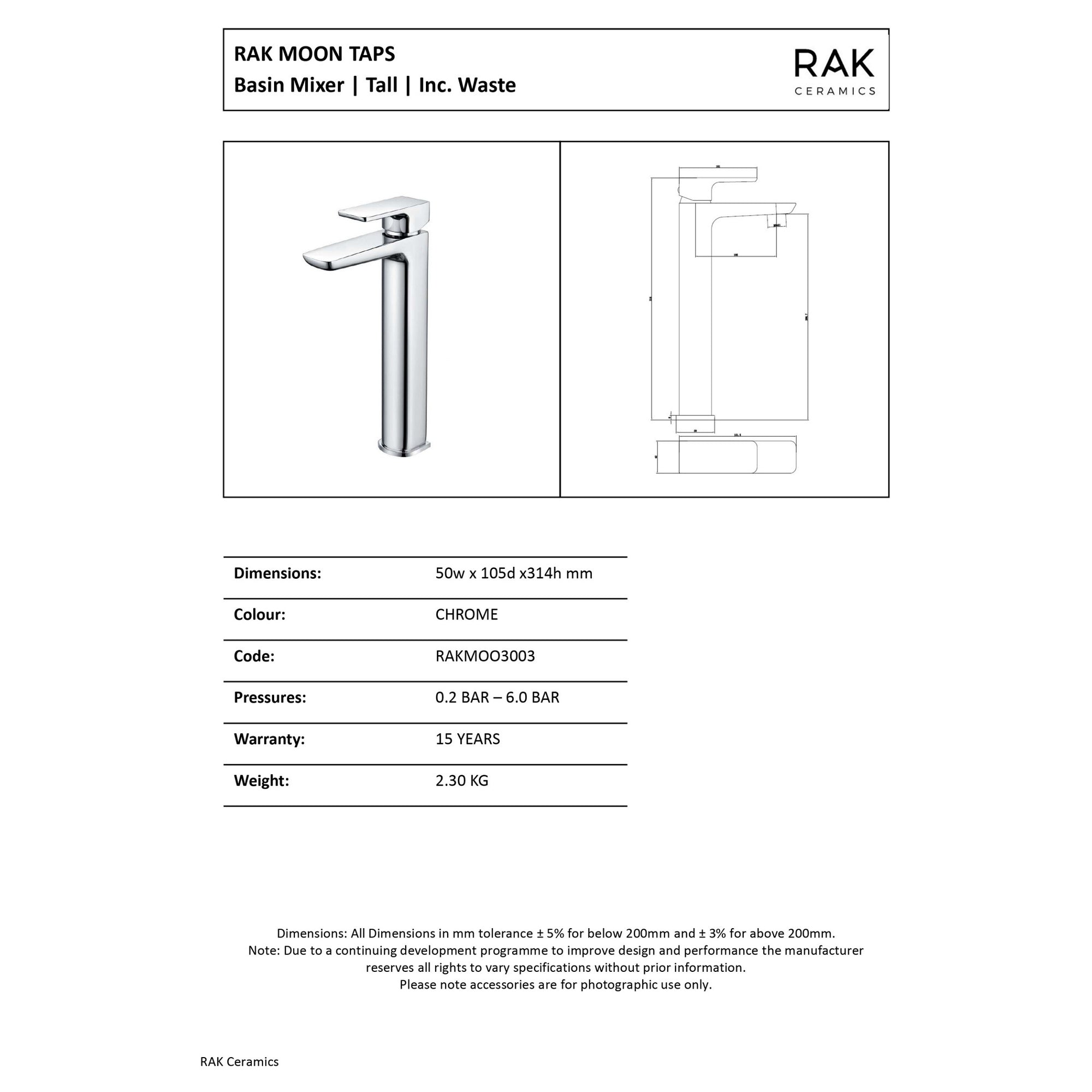 RAK Moon Tall Matt Black Modern Mono Basin Mixer Tap - Solid Brass & 15-Year Guarantee
