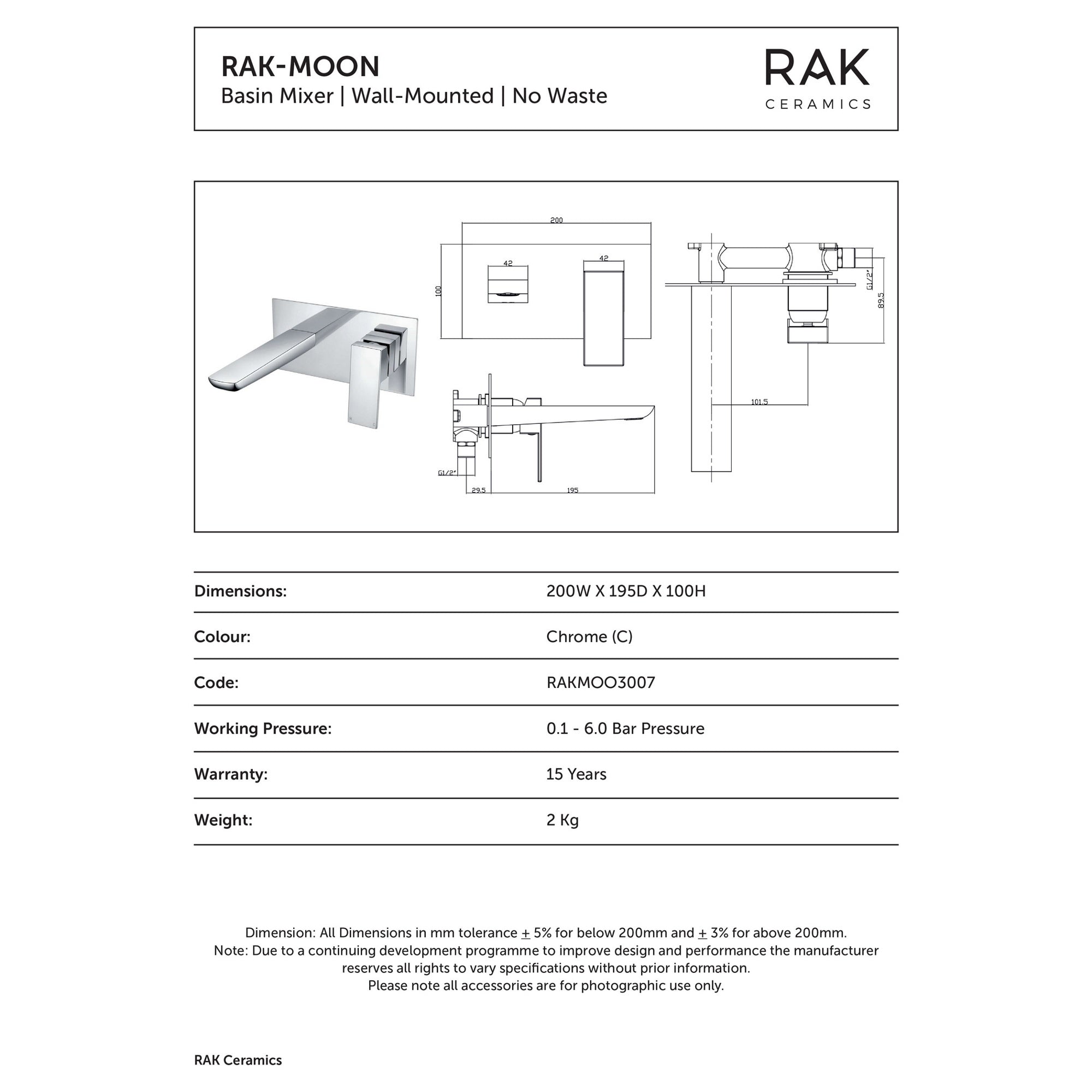 RAK Moon Matt Black Wall Mounted Basin Mixer Tap - Durable Solid Brass Construction & Sleek Modern Design