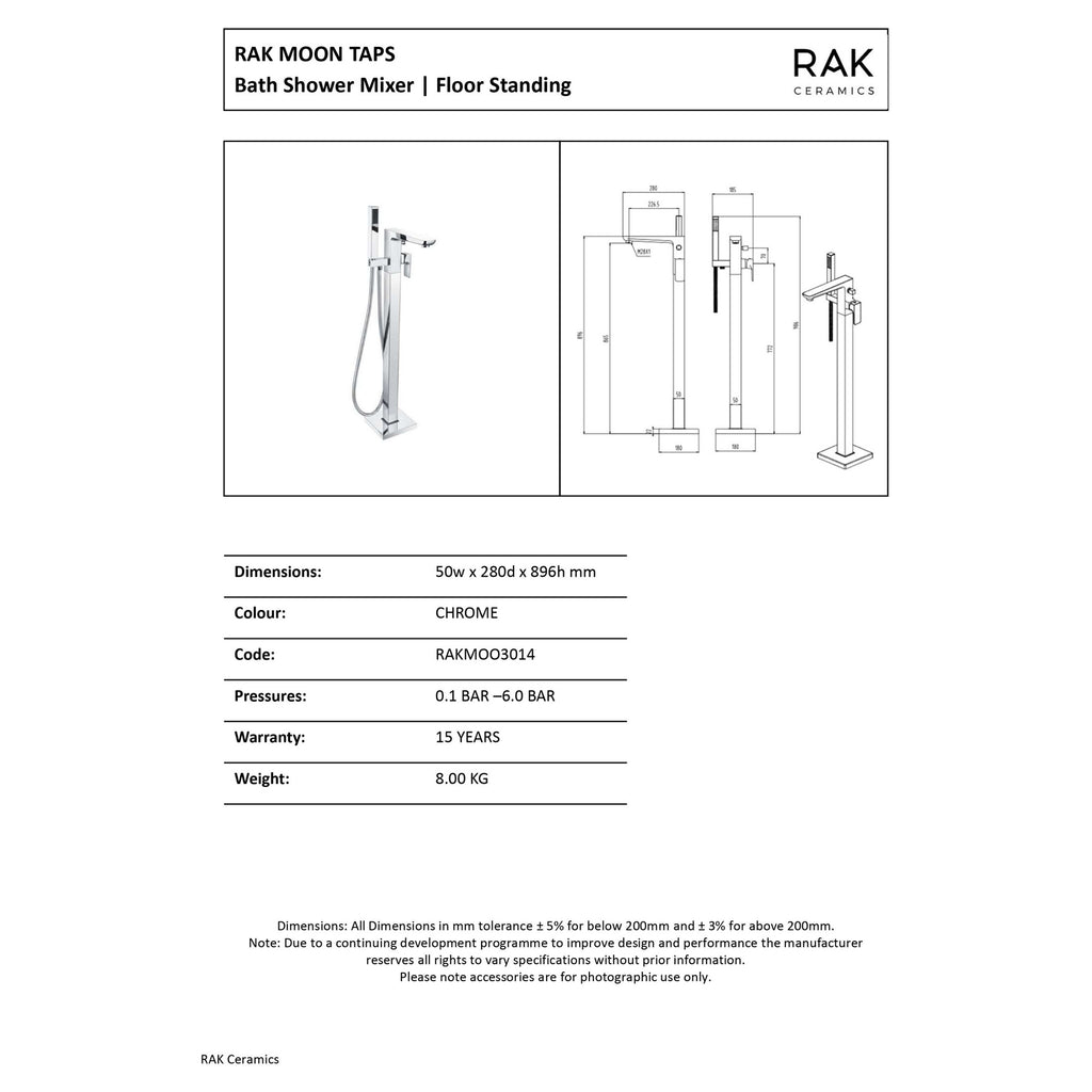 RAK Moon Matt Black Freestanding Bath Shower Mixer Tap with Handset, Solid Brass