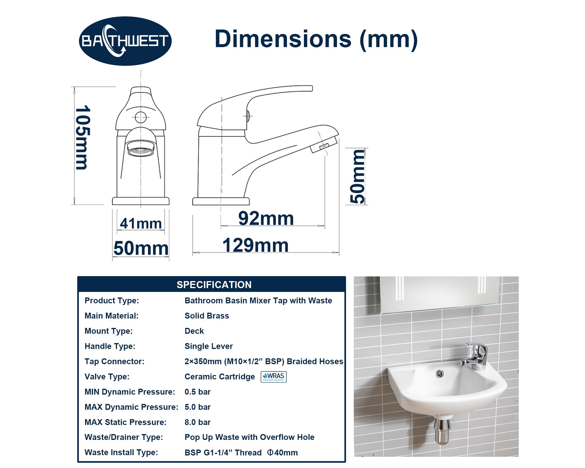 Bathroom Sink Tap Mono Basin Taps Single Lever Chrome Hot and Cold Mixer Tap