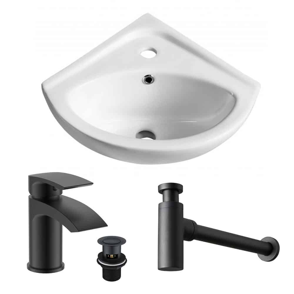 Compact Corner Basin/Sink Basin Mono Mixer Clicker Waste & Bottle Trap BLACK-0