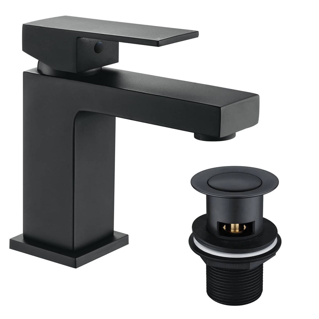 Matt Black Square Modern Bathroom Basin Sink Mixer Tap &amp; Waste (FORM)