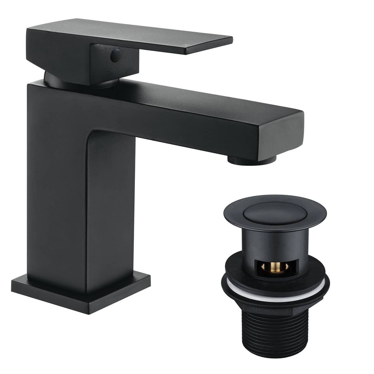 Matt Black Square Modern Bathroom Basin Sink Mixer Tap &amp; Waste (FORM)