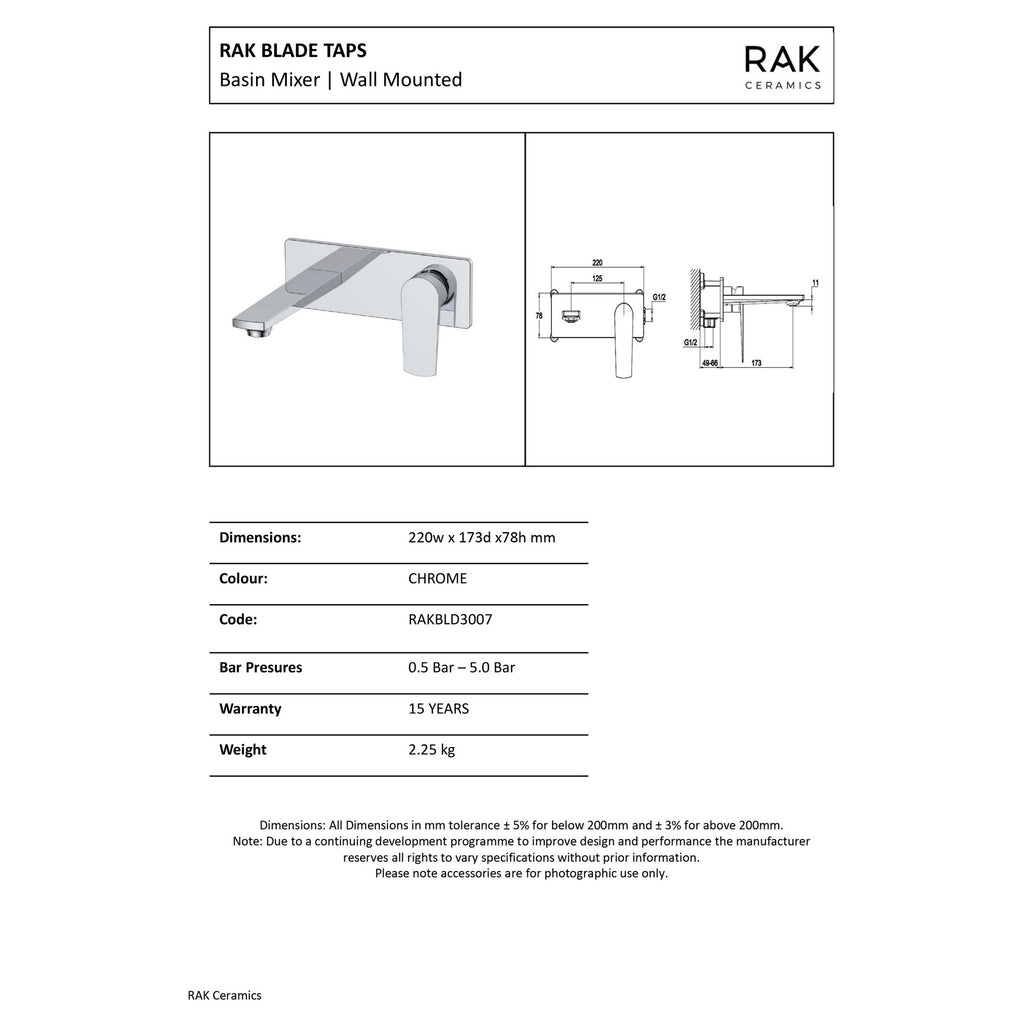 RAK Blade Wall Mounted Basin Mixer Tap - Polished Chrome, Solid Brass, Modern & Space-Saving Design