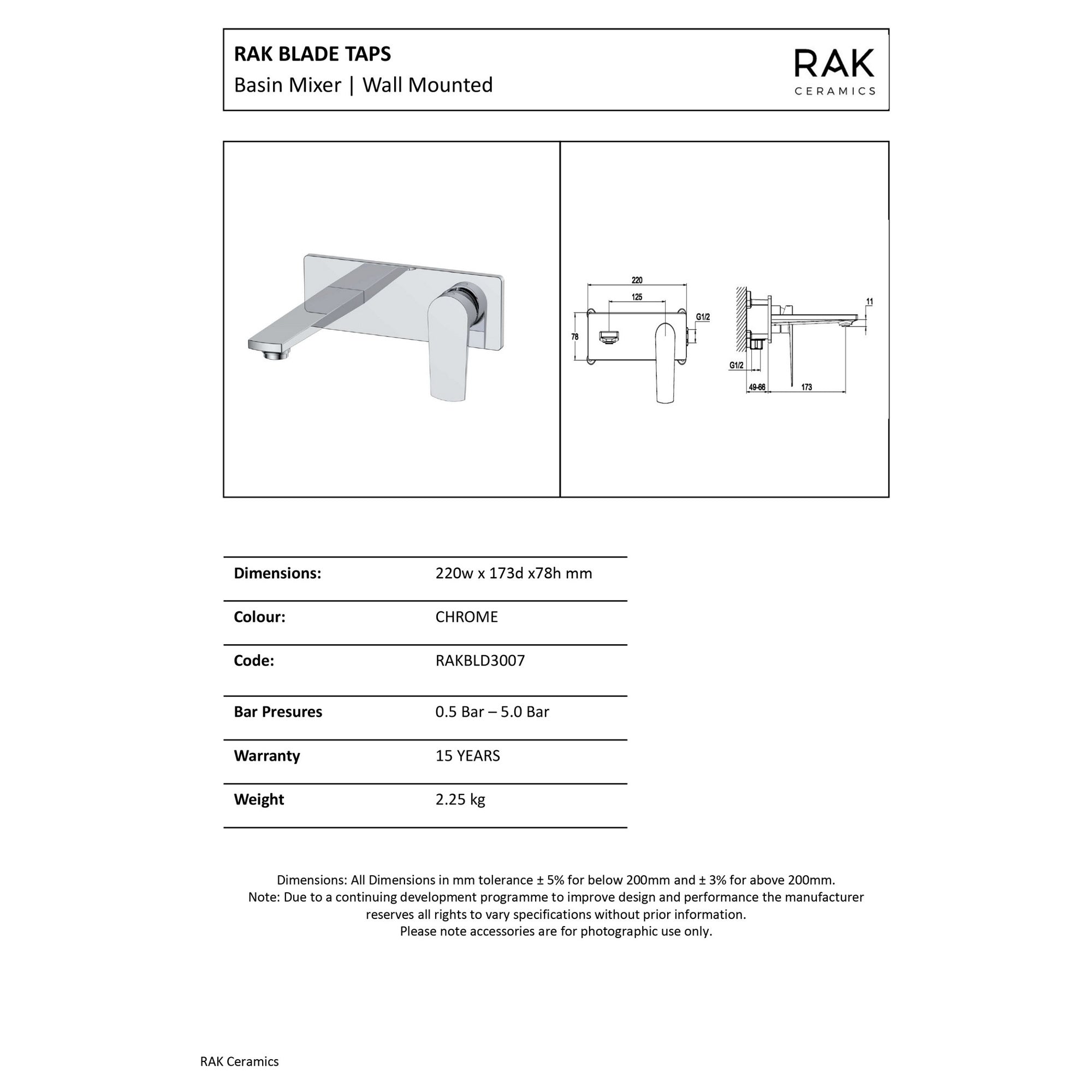 RAK Blade Wall Mounted Basin Mixer Tap - Polished Chrome, Solid Brass, Modern & Space-Saving Design