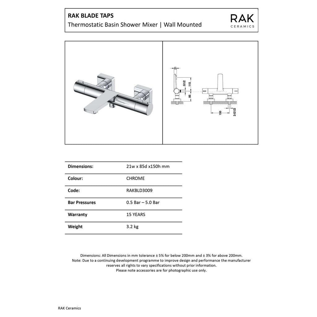 RAK Blade Polished Chrome Wall Mounted Thermostatic Bath Shower Mixer Tap
