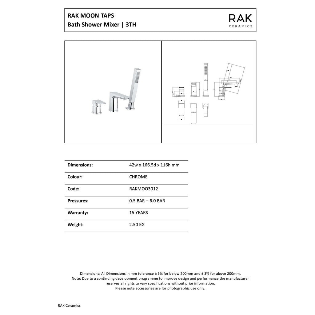 RAK Moon 3-Hole Deck-Mounted Bath Shower Mixer Tap with Handset - Polished Chrome Solid Brass