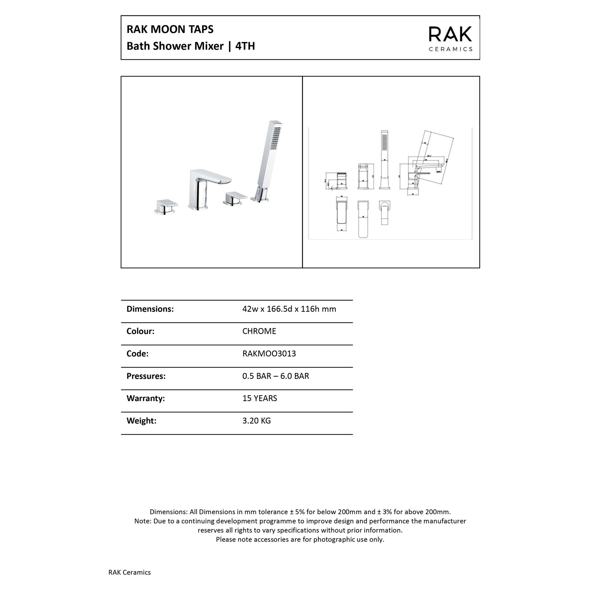 RAK Moon 4-Hole Deck-Mounted Matt Black Bath Shower Mixer Tap with Handset - Solid Brass