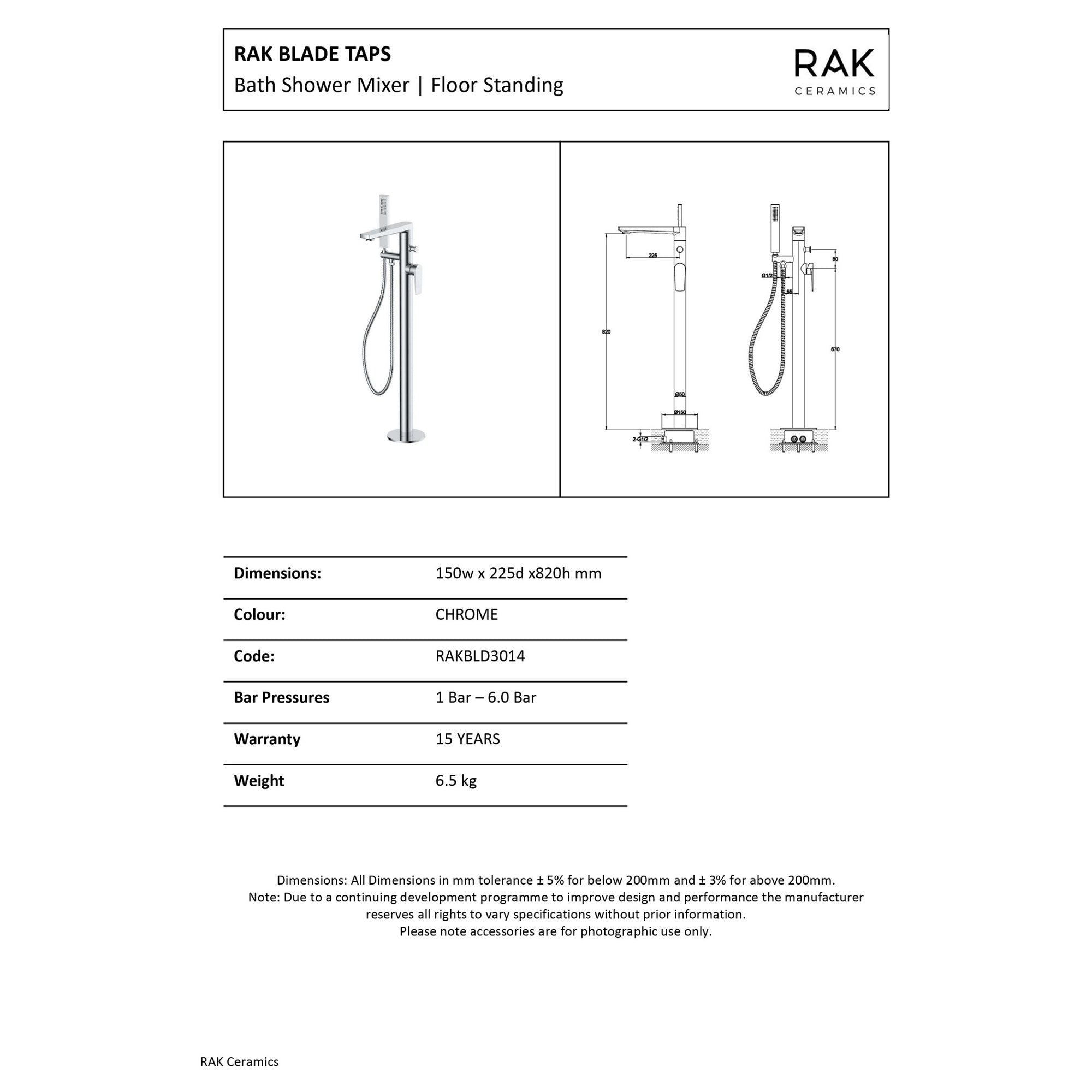 RAK Blade Freestanding Bath Shower Mixer Tap with Shower Kit, Polished Chrome, Solid Brass, 820mm Tall